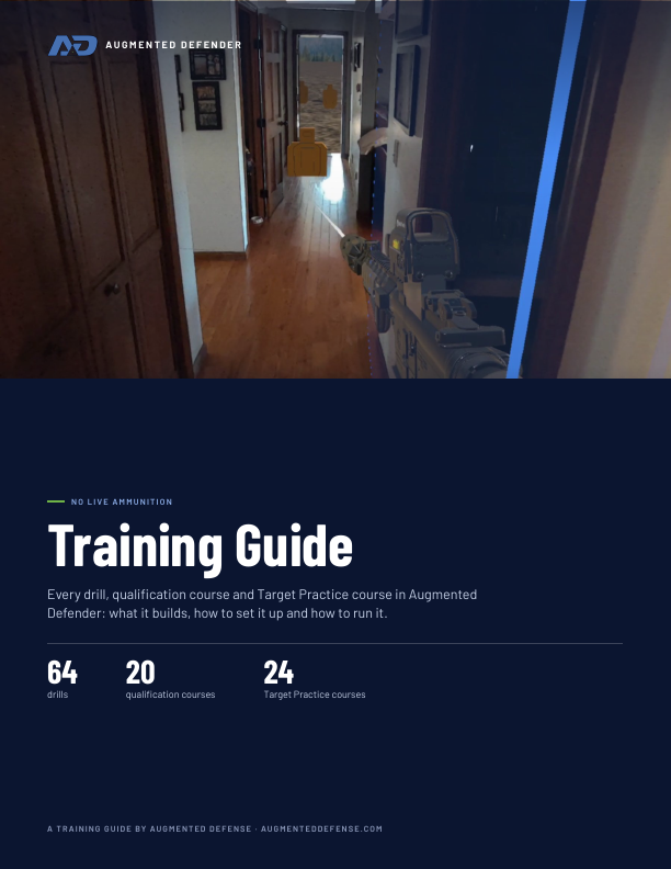 Augmented Defender Training Guide cover: a rifle aimed down a real hallway at a virtual target