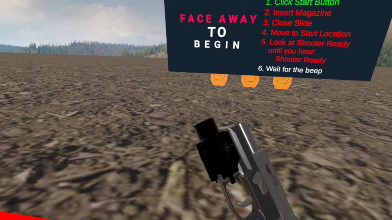 Drill start screen with instructions: insert magazine, close slide, move to start location, wait for the beep