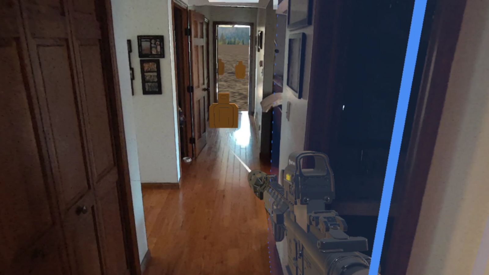 Mixed-reality view down a real hallway: a rifle with a red-dot sight aimed at a virtual target at the far end