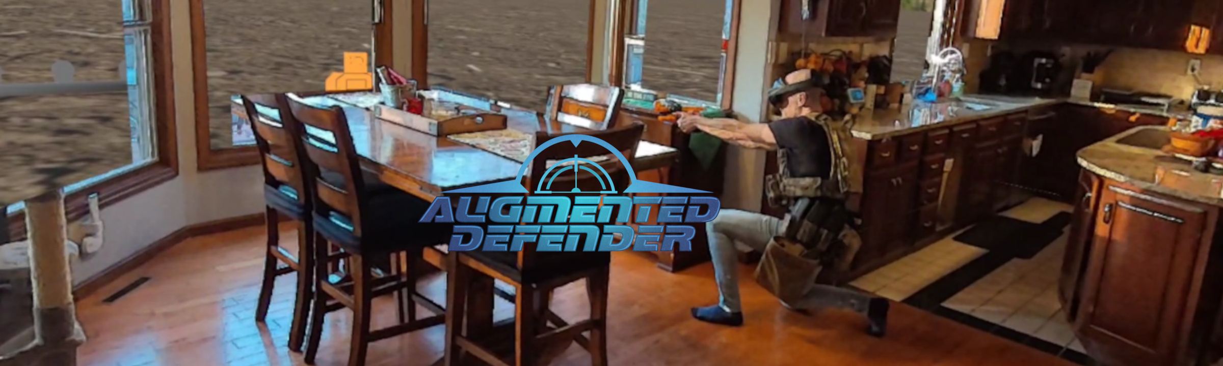 A player kneels in a real kitchen wearing a Quest headset, aiming at virtual targets seen through the windows