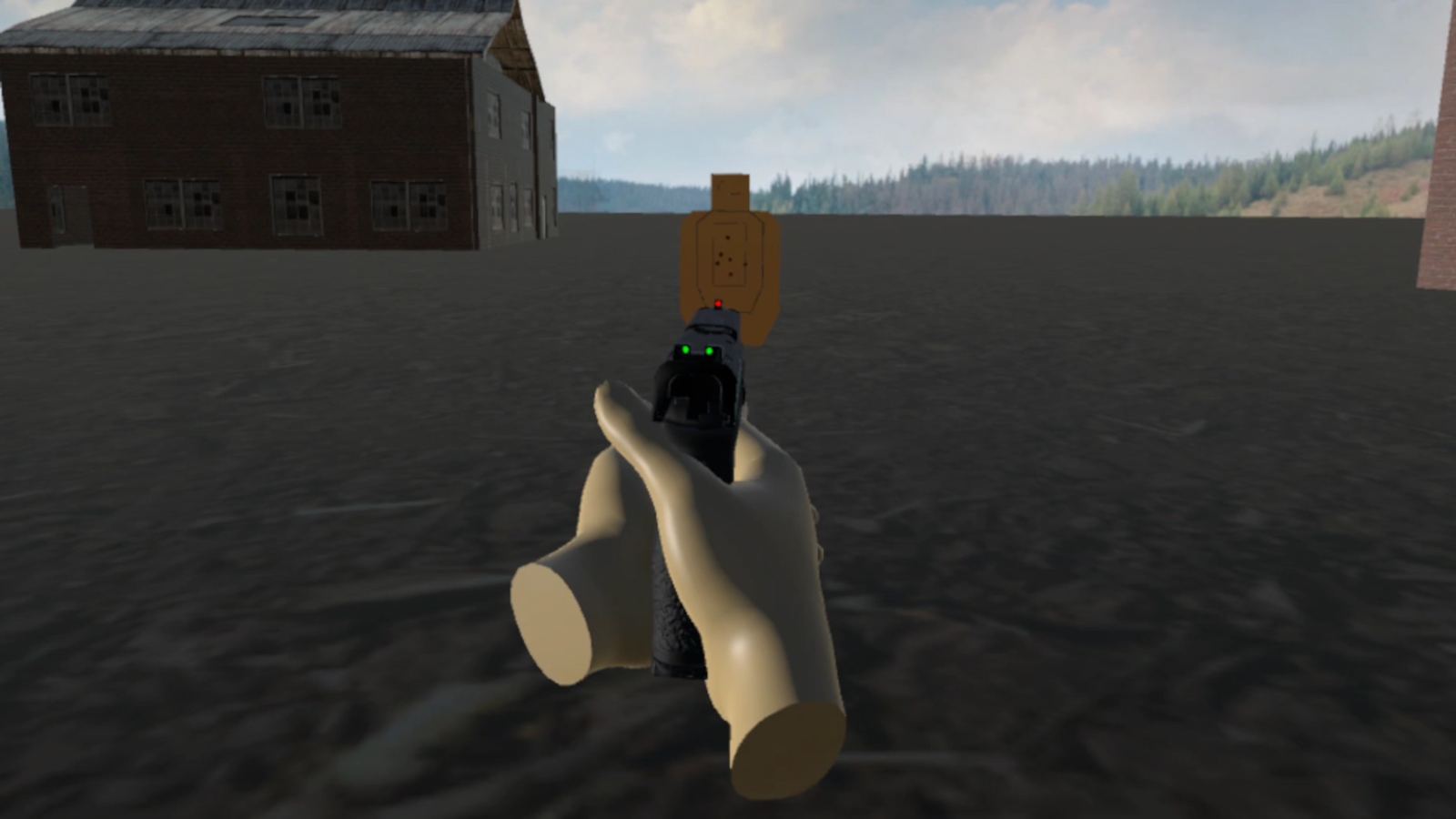 A pistol aimed at a target at a virtual range
